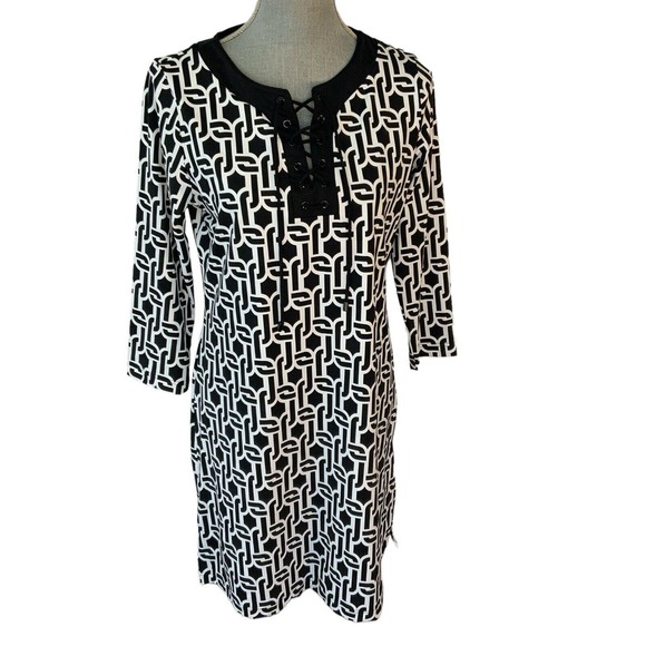 Lands' End Women’s Size Small Black White Lace Up Chest Geometric Dress - Picture 2 of 13
